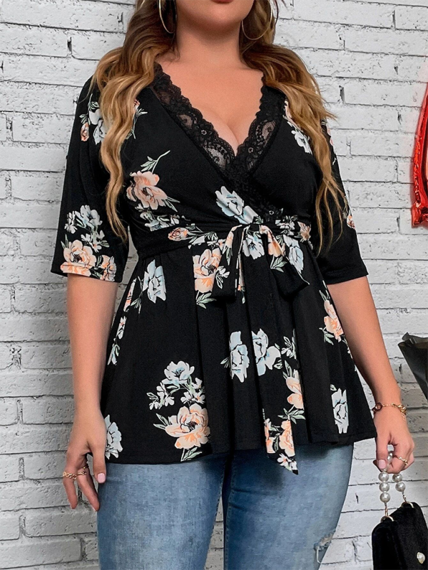 Printed V-Neck Lace Shirt