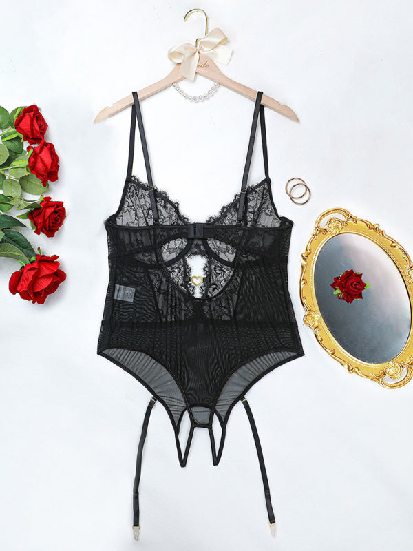 Women's Eyelash Lace Bodysuit Sexy Lingerie Set