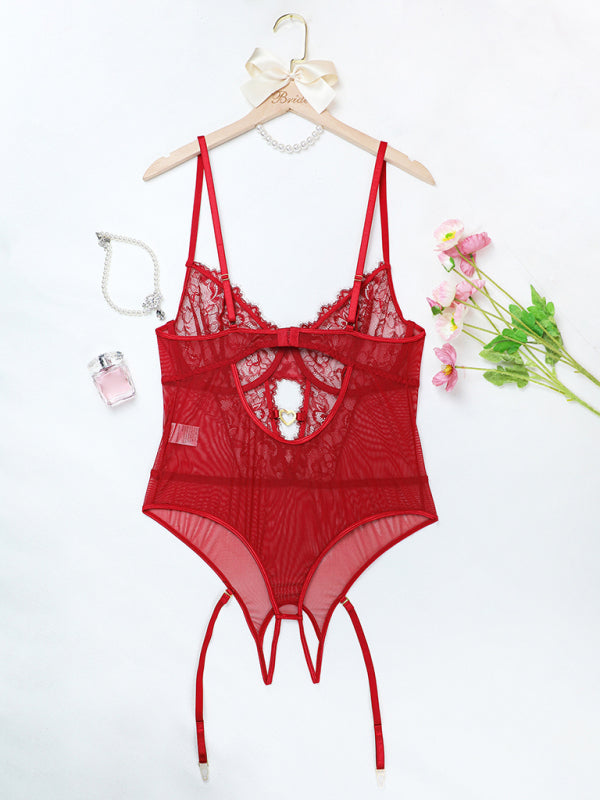 Women's Eyelash Lace Bodysuit Sexy Lingerie Set